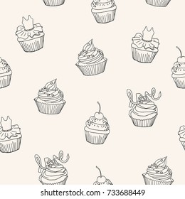 Vector line seamless pattern. Cupcakes illustration. Element of paper design.