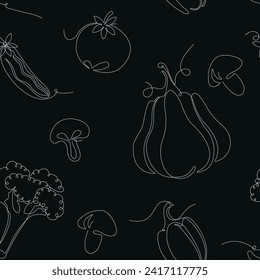 Patrón sin fisuras de línea vectorial en los pantanos, adorno para envolver elementos de dibujo de tela textil de papel, diseño gráfico de alimentos naturales, elemento de ilustración vegetal ecológica, fondo negro