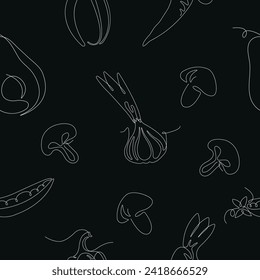 Vector line seamless pattern in swatches, ornament for wrapping paper textile fabric tile drawing element, nature food graphic design, eco vegetable illustration element, black background