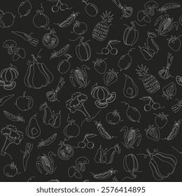 Vector line seamless pattern in swatches, ornament for wrapping paper textile fabric tile drawing element, nature food graphic design, eco vegetable illustration element, black background