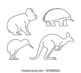 Vector line set of australian animals. Linear icon koalas, kangaroos, echidnas and kiwi.
