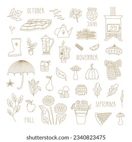 Vector Line set with autumn elements for card, invitation, web site, stickers, planner. Cute fall minimal illustrations.
