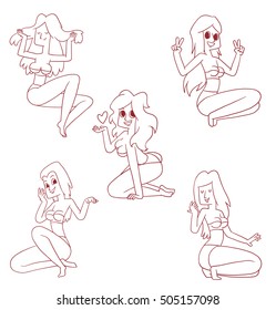 Vector line set of cartoon images of five beautiful girls with long hair in a bikini smiling in various poses on a white background. Beauty, fashion. Vector illustration.