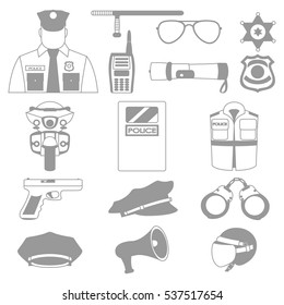 Vector line set collection icons of police equipment vector illustration