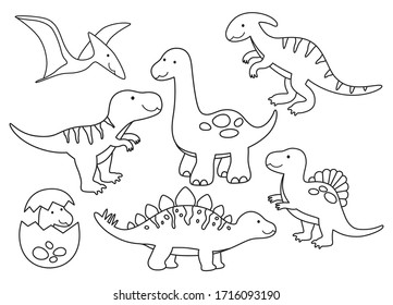 Vektorillustration-Reihe von Dinosauriern. Dinosaurier-Umrisse für die Färbung, einschließlich Stegosaurus, Brontosaurus, Velociraptor, Triceratops, Tyrannosaurus rex, Spinosaurus.