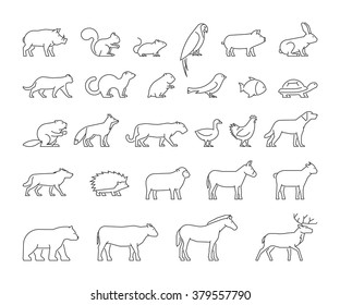Vector line set of domestic, farm and wild animals. Modern outline icons cat, dog, cow, pig, fox, rabbit, horse, sheep and chicken.