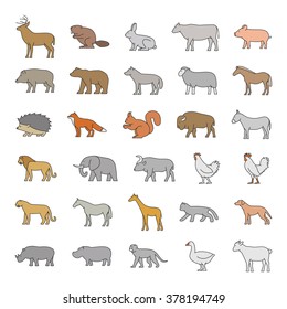 Vector line set of domestic and wild animals on white background. Dog, cat, cow, pig, bear, chicken and other.