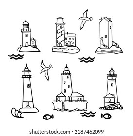 Conjunto de líneas vectoriales de faros de doodle. Estilo de arte de línea plana.