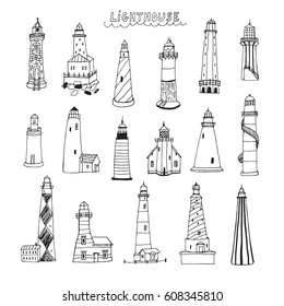 Vector line set of doodle lighthouses. 