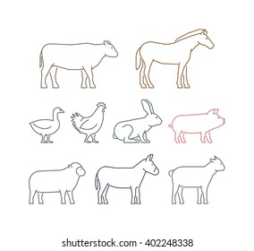 Vector line set of farm animals. Silhouettes cow, pig and rabbit isolated on a white background. Linear icons horse, sheep and chicken.