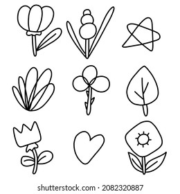 Vector line set of flowers and simple elements in black isolated on white background. Hand drawn sketch flowers.