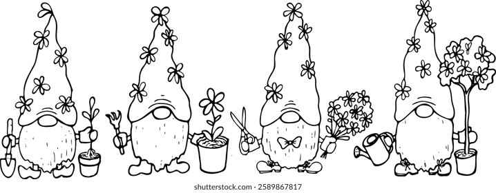 Vector line set of garden gnomes isolated on a white background.
