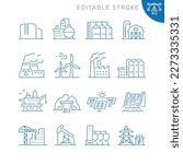 Vector line set of icons related with Industrial buildings.
Contains monochrome icons like factory, dam, oil platform, mine, farm, nuclear power plant and more. Simple outline sign. Editable stroke.