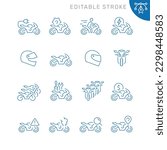 Vector line set of icons related with motorbike. Contains monochrome icons like helmet, motorcycle, service, repair and more. Simple outline sign. Editable stroke.