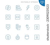 Vector line set of icons related with electrical sockets and plugs. Contains monochrome icons like socket, plug, electric, outlet and more. Simple outline sign. Editable stroke.