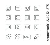 Vector line set of icons related with electrical sockets. Contains monochrome icons like socket, electric, outlet and more. Simple outline sign.