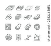 Vector line set of icons related with lumber. Contains monochrome icons like sawmill, timber, wood, forestry, board, branch and more. Simple outline sign.