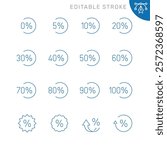 Vector line set of icons related with percentage. Simple outline sign. Editable stroke.