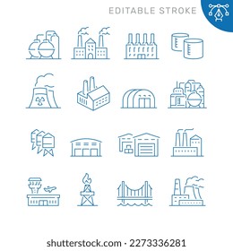 Conjunto de líneas vectoriales de iconos relacionados con edificios industriales.
Contiene iconos monocromos como fábrica, almacén, puente, aeropuerto, planta de energía nuclear y más. Signo de contorno simple. Trazo editable.