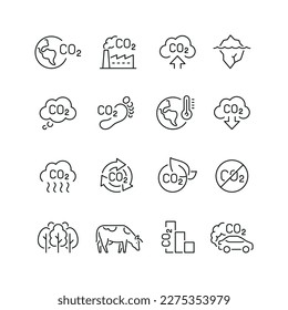 Vector line set of icons related with сarbon dioxide. Contains monochrome icons like carbon dioxide, factory, tree, cow, iceberg, earth, footprint and more. Simple outline sign.