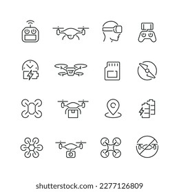 Vector line set of icons related with drone. Contains monochrome icons like drone, remote control, quadrocopter, battery, propeller and more. Simple outline sign.