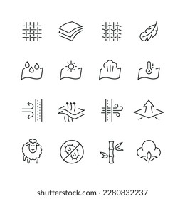 Vector line set of icons related with fabric feature. Contains monochrome icons like fabric, textile, cotton, wool, windproof and more. Simple outline sign.