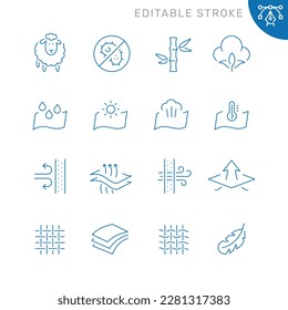 Vector line set of icons related with fabric feature. Contains monochrome icons like fabric, textile, cotton, wool, windproof and more. Simple outline sign. Editable stroke.