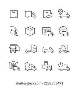 Vector line set of icons related with truck delivery. Contains monochrome icons like delivery, truck, box, transportation, forklift and more. Simple outline sign.