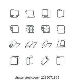 Vector line set of icons related with fabric roll. Contains monochrome icons like fabric, roll, scroll, wallpaper, textile and more. Simple outline sign.