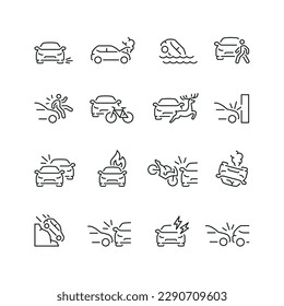 Vector line set of icons related with car accident. Contains monochrome icons like car, collision, crash, auto, accident and more. Simple outline sign.