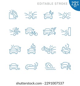 Vector line set of icons related with car accident. Contains monochrome icons like car, collision, crash, auto, accident and more. Simple outline sign. Editable stroke.