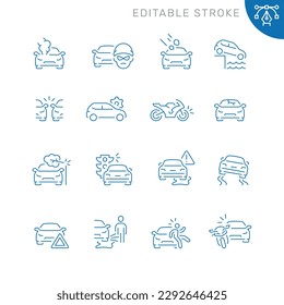 Vector line set of icons related with car accident. Contains monochrome icons like car, collision, crash, auto, accident and more. Simple outline sign. Editable stroke.