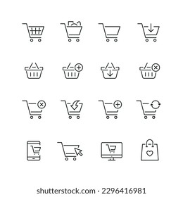 Vector line set of icons related with shopping cart and basket. Contains monochrome icons like cart, basket, bag, shopping and more. Simple outline sign.