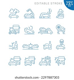 Vector line set of icons related with car accident. Contains monochrome icons like car, collision, crash, truck, accident and more. Simple outline sign. Editable stroke.