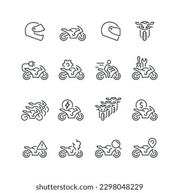 Vector line set of icons related with motorbike. Contains monochrome icons like helmet, motorcycle, service, repair and more. Simple outline sign.