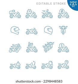 Conjunto de iconos de la línea de vectores relacionados con la motocicleta. Contiene iconos monocromos como casco, motocicleta, servicio, reparación y más. Signo de contorno simple. Trazo editable.