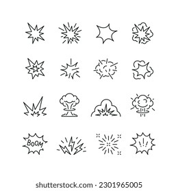 Vektorliniensatz von Symbolen im Zusammenhang mit Explosion. Enthält monochrome Symbole wie Explosion, Feuerwerk, Funken, Explosion und mehr. Einfaches Umrisszeichen.
