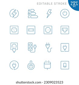 Vector line set of icons related with electrical sockets and plugs. Contains monochrome icons like socket, plug, electric, outlet and more. Simple outline sign. Editable stroke.