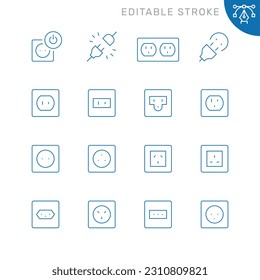 Vector line set of icons related with electrical sockets. Contains monochrome icons like socket, electric, outlet and more. Simple outline sign. Editable stroke.