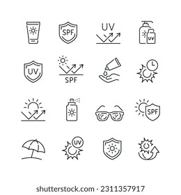 Vector line set of icons related with sun protection. Contains monochrome icons like sun, shield, sunscreen, cream, sunglass and more. Simple outline sign.