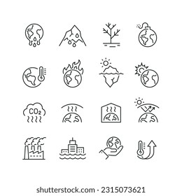 Conjunto de íconos de línea de vectores relacionados con el calentamiento global. Contiene iconos monocromos como sol, tierra, calentamiento, clima, iceberg y más. Signo de contorno simple.