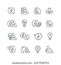 Conjunto de iconos de línea de vectores relacionados con el ahorro de energía. Contiene iconos monocromos como electricidad, energía, energía, bombilla, casa y más. Signo de contorno simple.