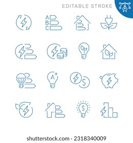 Vector line set of icons related with energy saving. Contains monochrome icons like electricity, energy, power, bulb, house and more. Simple outline sign. Editable stroke.