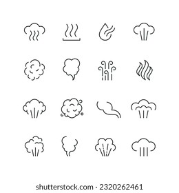 Vector line set of icons related with steam. Contains monochrome icons like steam, smell, smoke, cloud, fume and more. Simple outline sign.