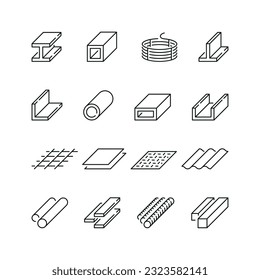 Vector line set of icons related with rolled metal. Contains monochrome icons like girder, metal, steel, armature, pipe and more. Simple outline sign.