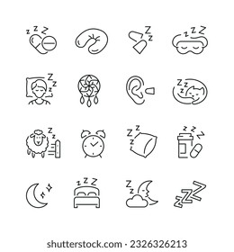 Vector line set of icons related with sleep. Contains monochrome icons like sleep, dream, bed, moon, pillow, alarm and more. Simple outline sign.