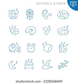 Vector line set of icons related with sleep. Contains monochrome icons like sleep, dream, bed, moon, pillow, alarm and more. Simple outline sign. Editable stroke.