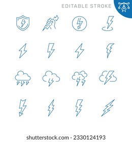 Vector line set of icons related with lightning. Contains monochrome icons like thunder, storm, bolt, arrow, cloud and more. Simple outline sign. Editable stroke.