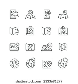 Vector line set of icons related with map. Contains monochrome icons like navigation, earth, atlas, phone, cartography and more. Simple outline sign.