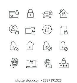 Vector line set of icons related with locks. Contains monochrome icons like lock, fingerprint, code, document, protection and more. Simple outline sign.